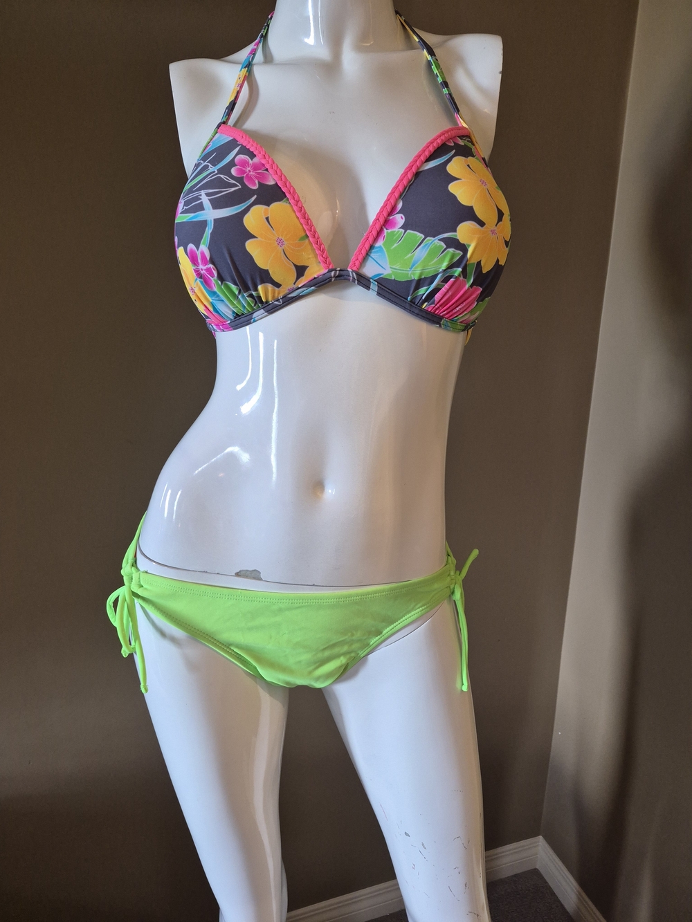 Floral Push-Up Bikini Set with Neon Green Tie-Side Bottoms